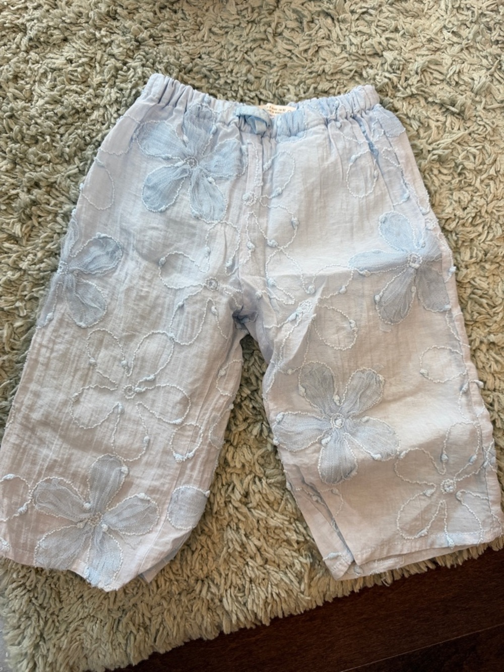 Light Blue Floral Embroidered Linen Shorts